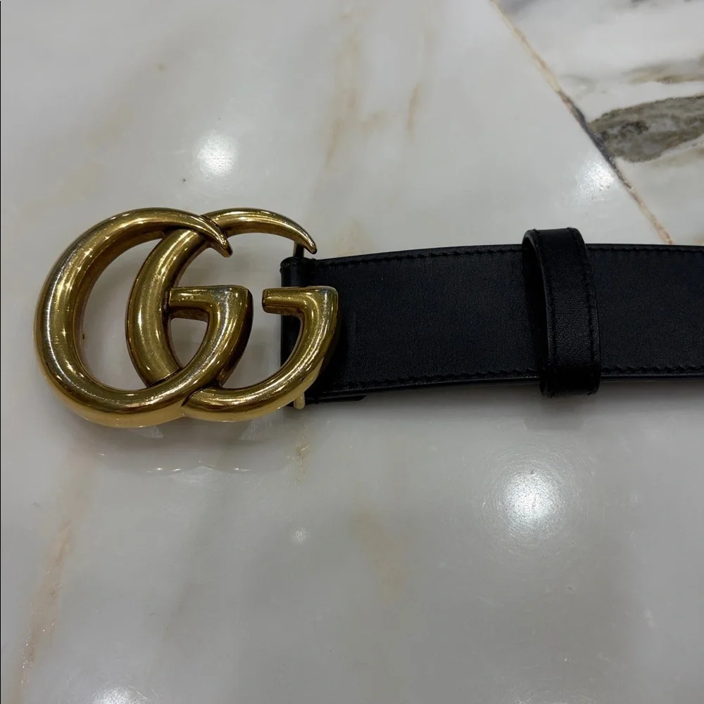 GUCCI GG Marmont Wide Belt. Black Leather. Polished Large Gold Buckle. SZ 70. - Picture 7 of 7